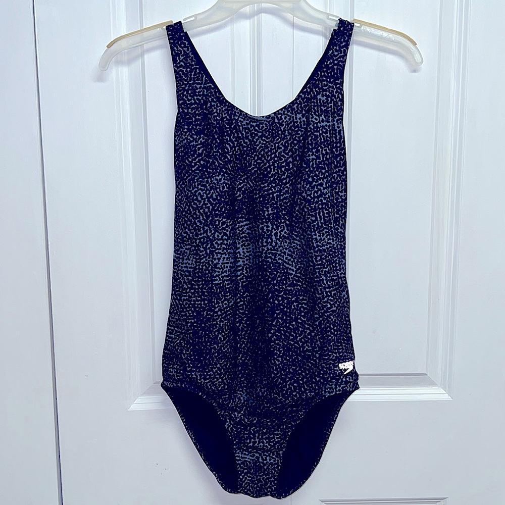 Speedo Blue Black print Racer Back One Piece Bathing Suit Size 8